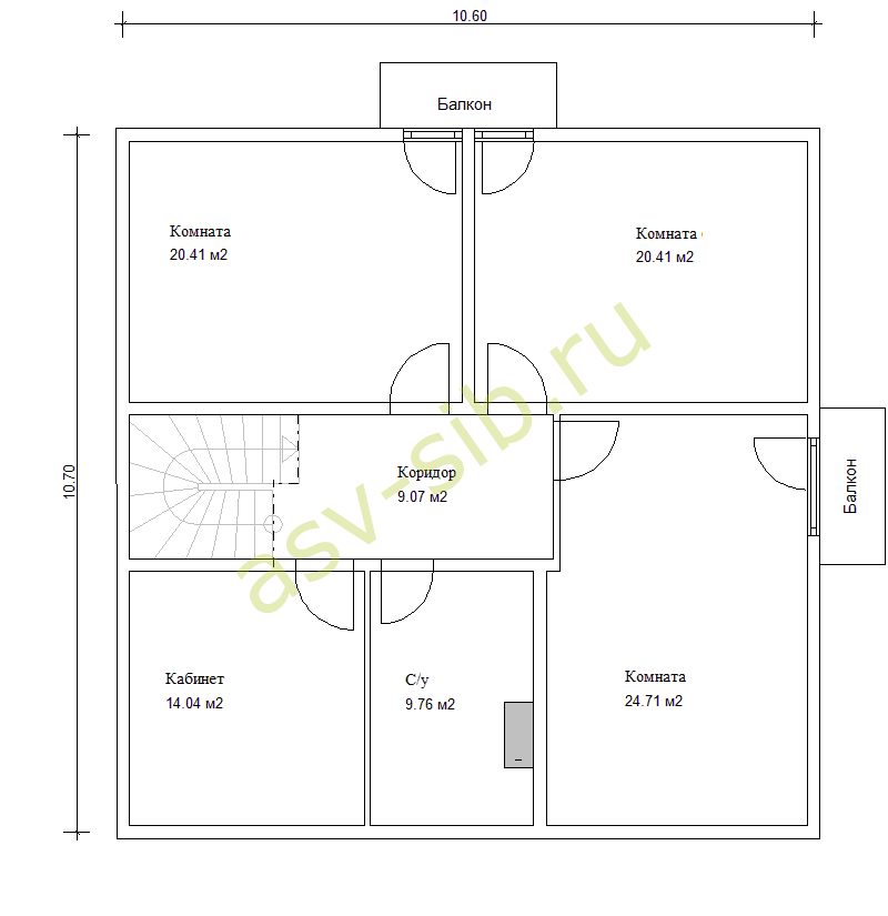 План второго (мансардного) этажа дома из бруса по проекту Б-201a c балконами